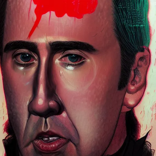 Image similar to prompt : nicolas cage portrait soft light painted by james jean and katsuhiro otomo and erik jones, inspired by evangeleon anime, smooth face feature, intricate oil painting, high detail illustration, sharp high detail, manga and anime 1 9 9 9