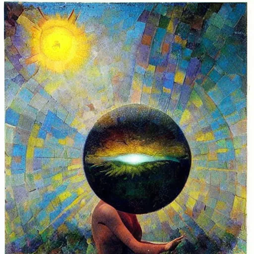 Image similar to A beautiful body art of the sun. The sun is depicted as a large ball in the center of the piece, with rays of light emanating out from it in all directions. in Rome by John Berkey, by Farel Dalrymple, by Paul Klee meticulous