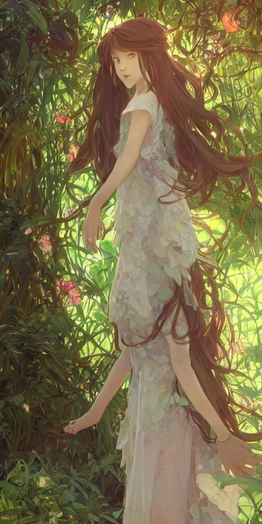 Prompt: a digital art of a loli with long hair in a dress in the privet garden at after noon, green and warm theme, back lighting, by krenz cushart and mucha and akihito yoshida and greg rutkowski and makoto shinkai, graphic design, detailed eyes, 4 k resolution, trending on art station