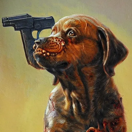 Prompt: a zombie puppy holding a gun. Painting by James Gurney