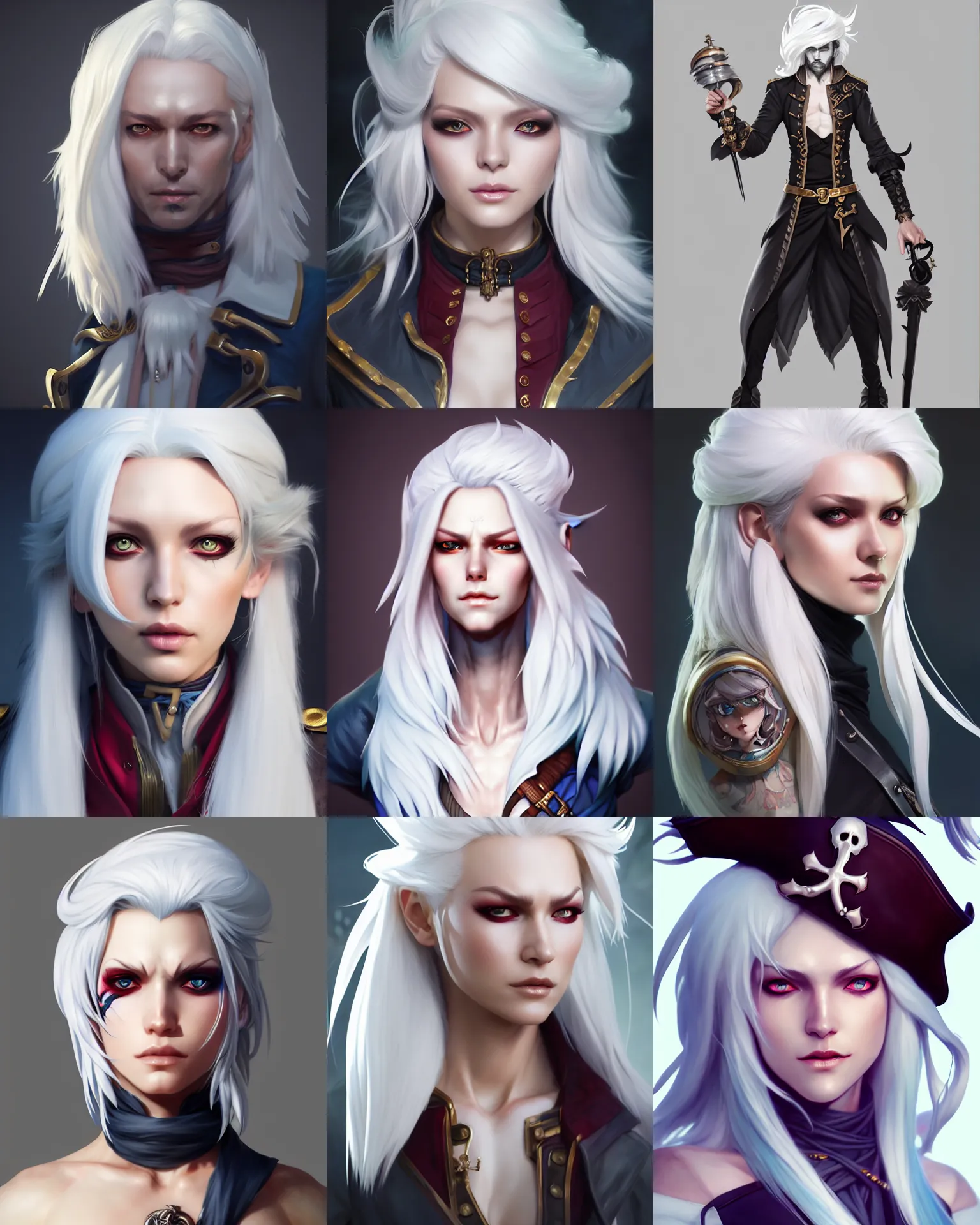 Prompt: full body character concept art of a gorgeous stylish white haired pirate captain | | distinct - fine, key visual, realistic shaded perfect face, fine details by stanley artgerm lau, wlop, rossdraws, james jean, andrei riabovitchev, marc simonetti, sakimichan, and jakub rebelka, trending on artstation