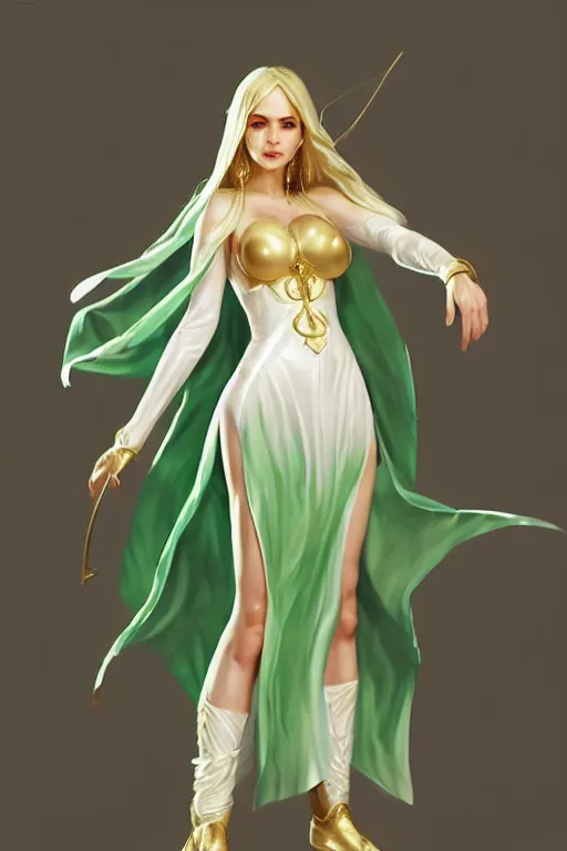 Prompt: Pretty Female cleric, skintight white robes, skirt, golden accessories, fantasy, green eyes, extremely detailed face!, young, 2 arms and 2 legs!, shaped derriere, looking from side!, high fantasy, artstationgHQ, artstationHD, octane, by artgerm and wlop