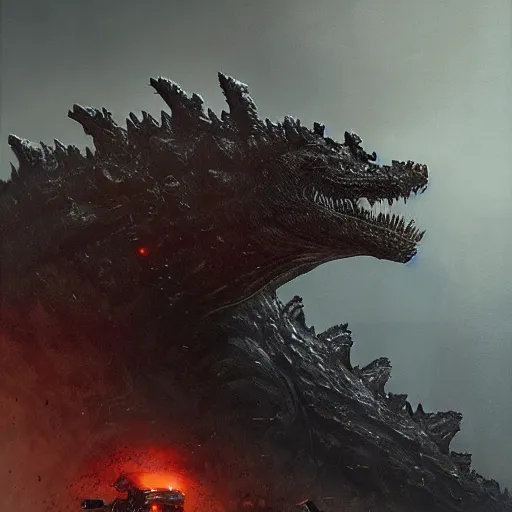 Image similar to mechanical king of godzilla, elden ring, by greg rutkowski