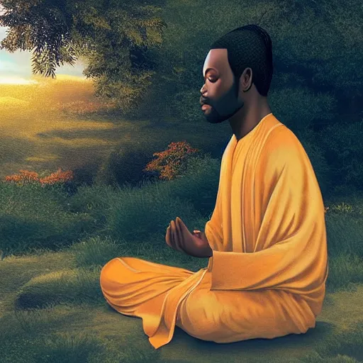 Image similar to contented peaceful nigerian!! bodhisattva, praying meditating, in a scenic environment, detailed, golden hour, realism, artstation trending, digital art