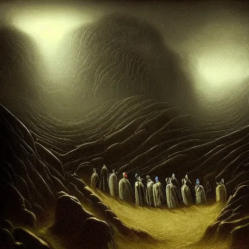Image similar to A beautiful digital art of a coffin being carried by six men through an ethereal, otherworldly landscape. The coffin is adorned with a relief of a skull and crossbones, and the men are all wearing hooded cloaks. The landscape is eerie and foreboding, with jagged rocks and eerie, glowing plants. light by Marius Borgeaud, by Jennifer Rubell, by Piet Hein Eek Trending on artstation
