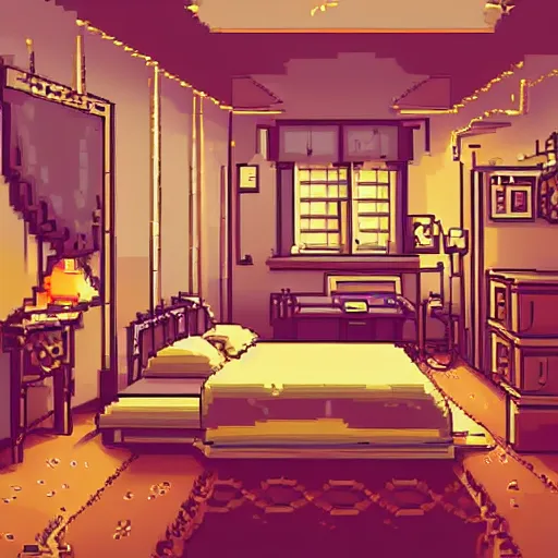 Image similar to 9 0 s bedroom, beautiful detailed pixel art, intricate details, beautiful, dithered gradients, volumetric lighting, cgsociety, artstation, smooth, sharp focus, 2 d illustration, old school computer game graphics, crpg, d & d, pixel art