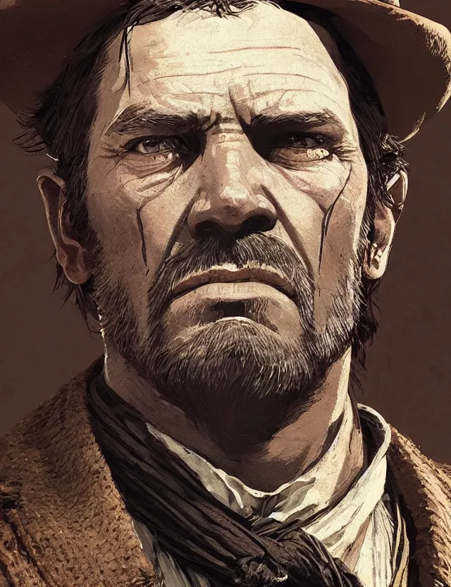 Prompt: close face portrait of an old male bar keeper as red dead redemption 2 concept art, art by ryo shiotani and greg rutkowski, intricate, beautiful, cute, cinematic lighting, vintage art by serge ivanoff, high resolution, very detailed