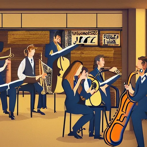 Image similar to architecture students drawing a jazz band playing in a busy underground bar, photorealistic, 8k