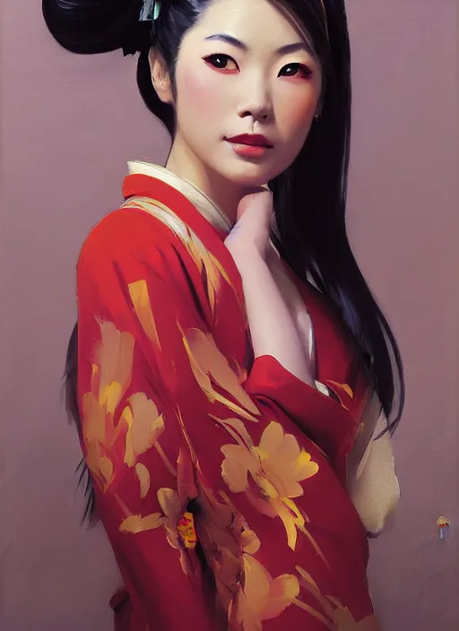 Prompt: portrait of a young beautiful asian japanese attractive glamour model wearing a koi colored kimono and geisha makeup, jodhpurs greg manchess painting by sargent and leyendecker, studio ghibli fantasy close - up shot asymmetrical intricate elegant matte painting illustration hearthstone, by greg rutkowski by greg tocchini by james gilleard