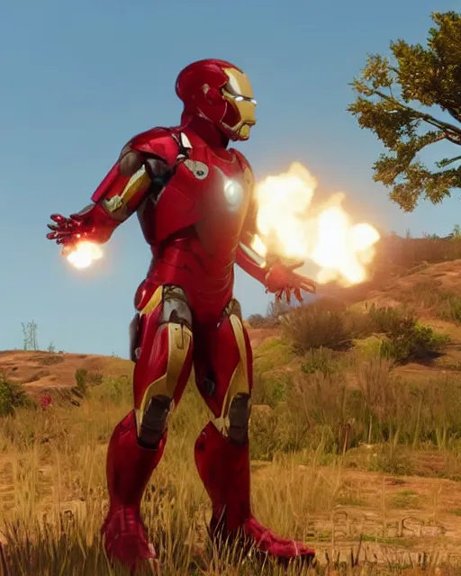 Image similar to mk 3 8 iron man suit in red dead redemption 2, cinematic, photorealistic