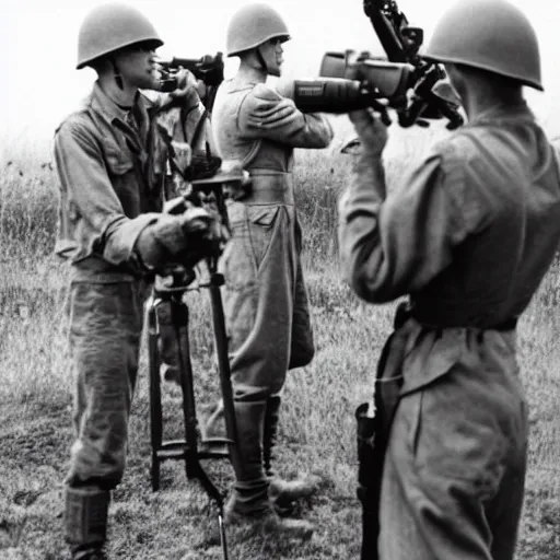 Prompt: photo of world war 2 soldiers filming a tiktok