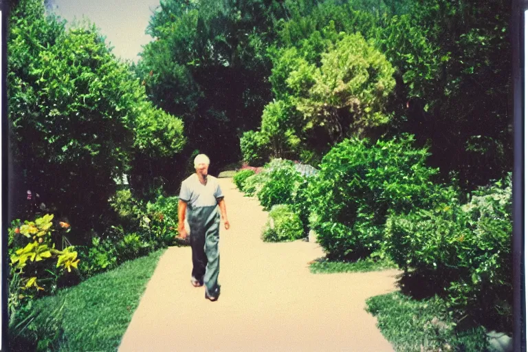 Prompt: a polaroid photo south of france 2001 by Elbridge Ayer Burbank flickr a handsome tall man walking down a sidewalk next to a garden photo taken with fujifilm superia garden gardens horticultural photo taken with ektachrome photo taken with provia