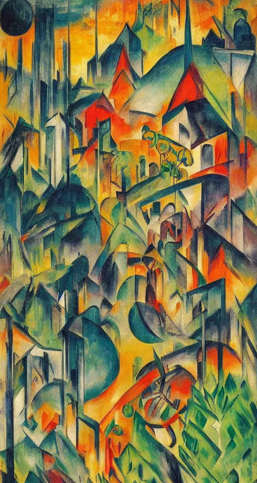 Image similar to on the street of abandoned town 2 people standing huddled together with spiny giant plants bursting through them, surreal, very coherent, intricate design, painting by Franz Marc