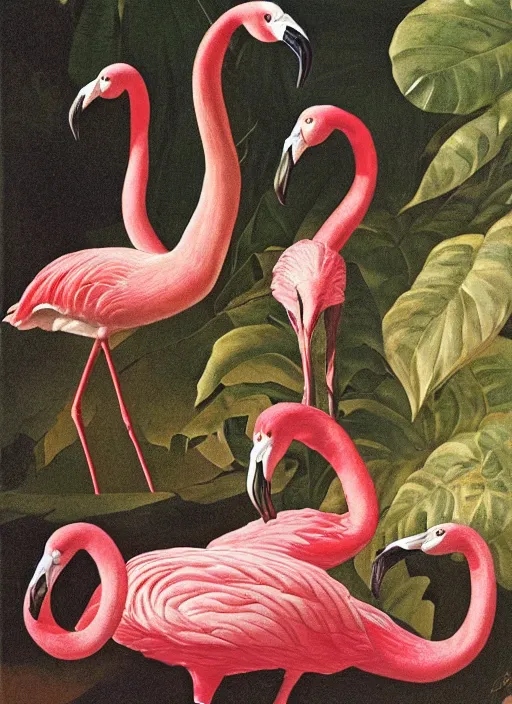 Image similar to python wrapped around a flamingo, tropical plants, botanical, biology, artist john audubon