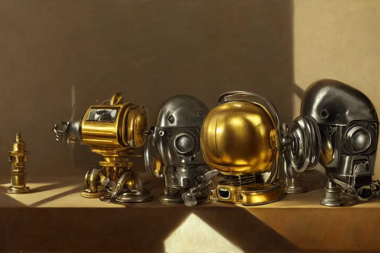 Image similar to still life painting of old vintage robot heads by pieter claesz, oil on canvas, strong lighting, highly detailed, hyper realism, golden hour, god rays, hd, 4 k