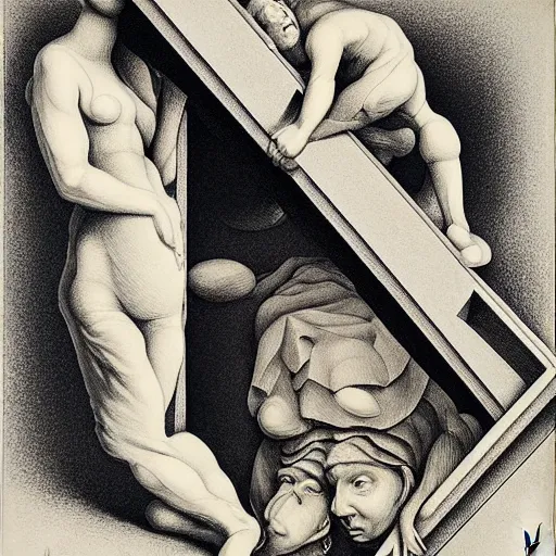 Image similar to lithography on paper secret artifact conceptual figurative post - morden monumental dynamic portrait by goya and escher and hogarth, illusion surreal art, highly conceptual figurative art, intricate detailed illustration, controversial poster art, polish poster art, geometrical drawings, no blur