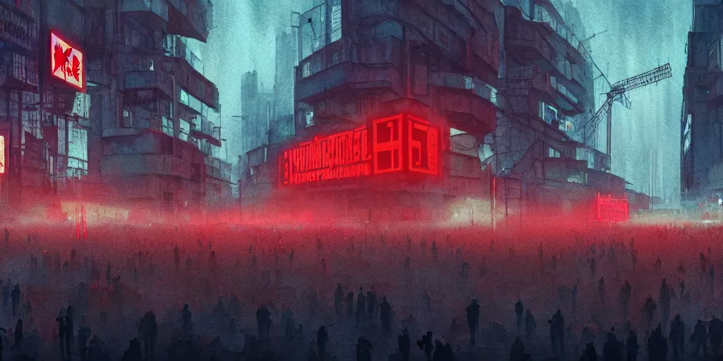 Image similar to landscape of a communist cyberpunk soviet city with neon hammer and sickle signs, crowds of people, brutalist architecture, watercolor, ultra realistic, highly detailed, hd, sharp focus, cinematic lighting, mood lighting, realistic, photorealistic, vivid colors, painting, photograph, digital art, non blurry, sharp, artstation, concept art, smooth, illustration