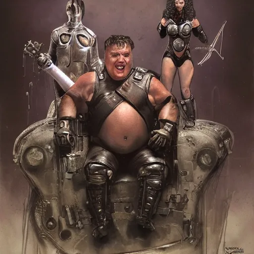 Prompt: sylvester stallone as baron harkonnen wearing a leather spacesuit and sitting on a throne flanked by dark armoured warrior women, by normal rockwell and greg staples and craig mullins, science fiction character concept art, artstation - H 832