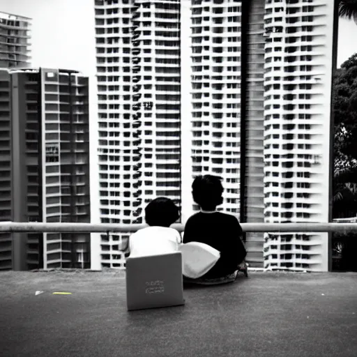 Image similar to photo of two singaporean students sitting on the roof of a hdb flat, black and white, award winning, composition