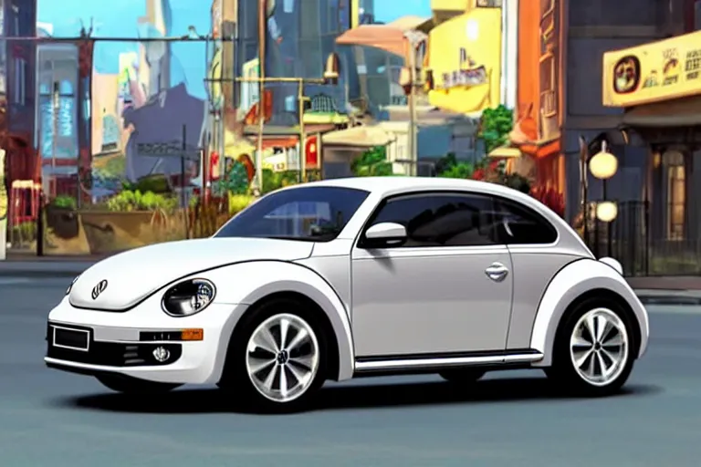 Image similar to a wholesome animation key shot of!! one!! focused!! vw beetle superbug!! in shiny reflective stainless steel, in a sydney street in australia, medium shot, studio ghibli, ( pixar ) and disney animation, sharp, very detailed, high resolution, rendered in unreal engine 5, anime key art by greg rutkowski, bloom, dramatic lighting