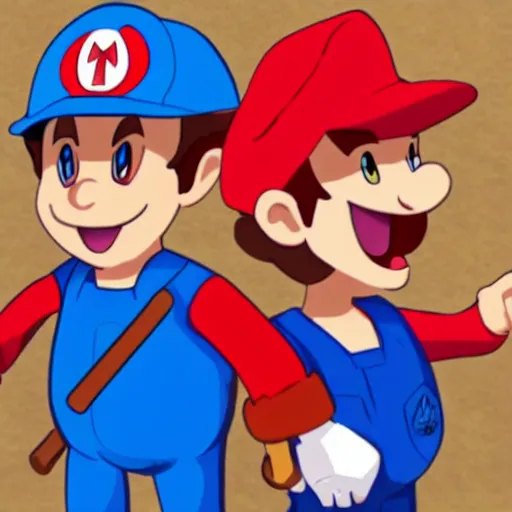 Prompt: italian plumber wearing a red hat and shirt, blue jumpsuit fighting a dinosaur.