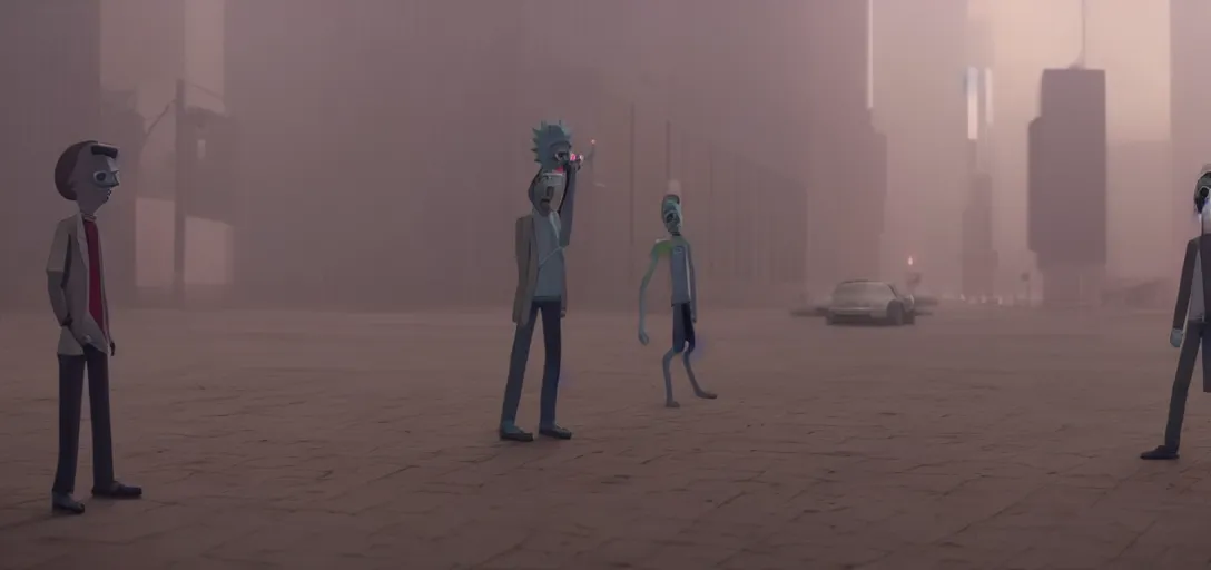 Prompt: rick and morty, foggy, cinematic shot, photo still from movie by denis villeneuve, wayne barlowe