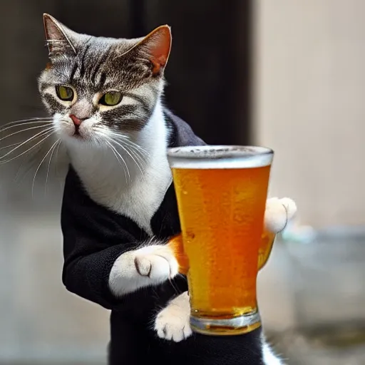 Prompt: a cat is holding a beer