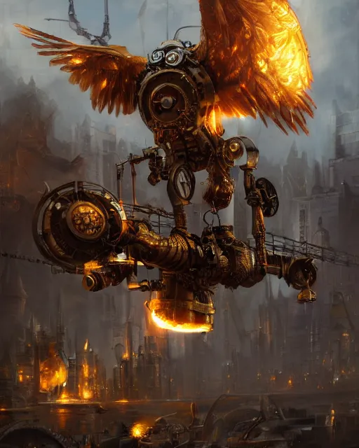 Image similar to oil painting of Gigantic Steampunk Owl Robot destroying city, sharp focus, exploding golden steampunk city background, full body, heroic pose, fantasy style, octane render, volumetric lighting, 8k high definition, by greg rutkowski, highly detailed, trending on art Station, magic the gathering artwork, centered, dramatic artwork, combat scene