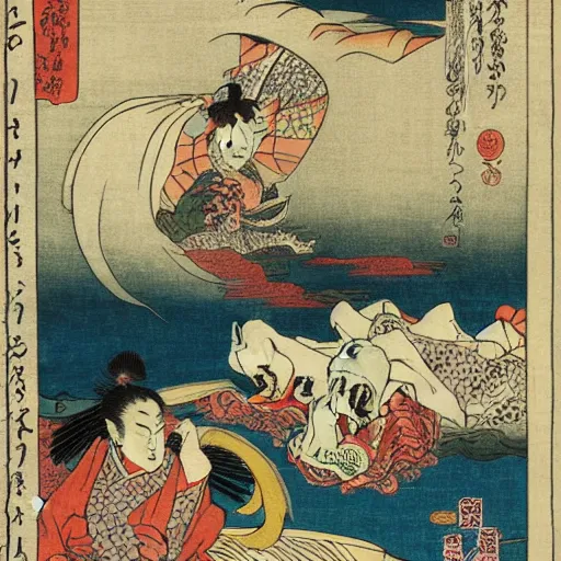 Image similar to A sea full of mythical monsters by Utagawa Kuniyoshi, ukiyo-e