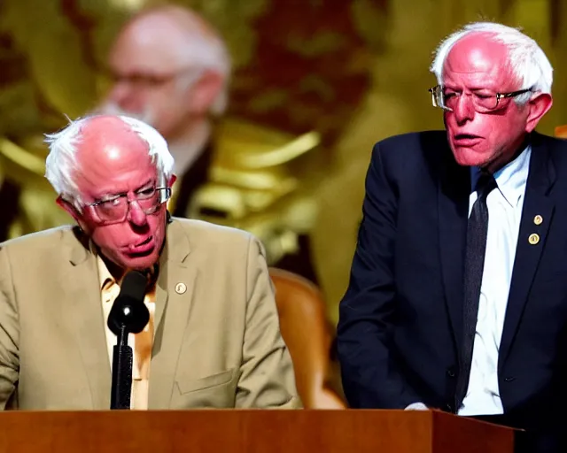 Prompt: Super Saiyan 3 Bernie Sanders screams during philibuster speech in the Senate Chamber, glowing golden aura, wind blowing papers from the podium (AP Photo)
