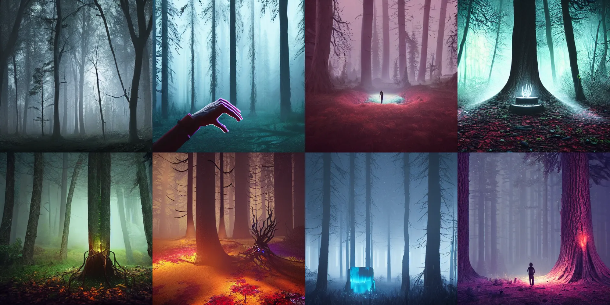 Prompt: beautiful dark forest landscape, creepy hands reaching out of a creepy glowing well, in the style of beeple and Mike Winkelmann, photo real, ultra realistic, intricate, epic lighting, 8k resolution, unreal engine 5, ultraviolet colors,