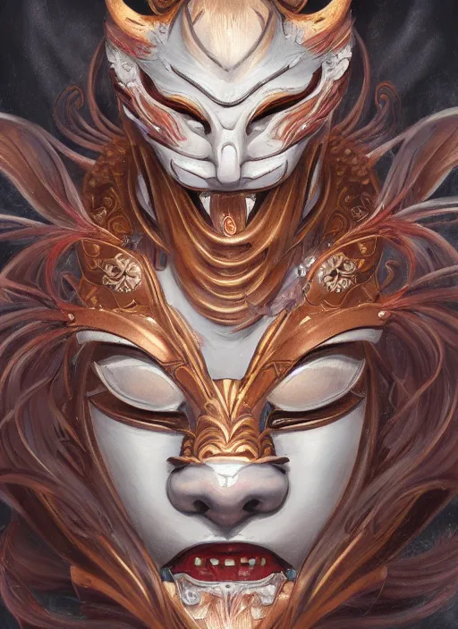 Image similar to a beautiful detailed oil on copper art illustration of a japanese oni kitsune mask shogun woman, the mask is broken, centered, by charlie bowater, zeng fanzh, trending on artstation, dim dusk lighting, cinematic lighting, detailed lighting, volumetric lighting, realistic, f 8, 4 k hd wallpaper