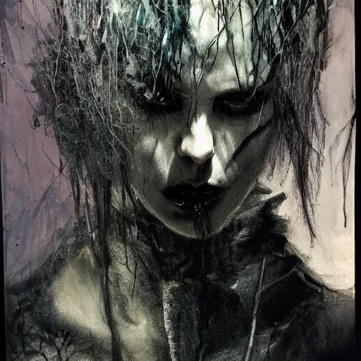 Image similar to stunning portrait of gaunt ( the cure fan ) as dream from sandman, dim stars as eyes, by jeremy mann, by cedric peyravernay, by by russ mills, by richard avedon and ben templesmith, dramatic lightning, sadness, dark eye sockets, in the shadows, punk rock, gothic, high detailed, 8 k