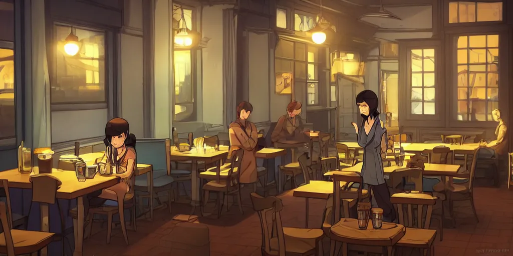 Prompt: a quiet cafe early in the morning in the style of Broken Sword: 2