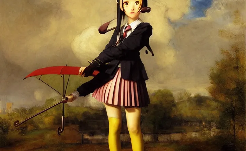 Prompt: school girl holding an umbrella, school uniform, seifuku, pleated miniskirt, overknee socks, battle angel alita. by rembrandt 1 6 6 7, illustration, by konstantin razumov