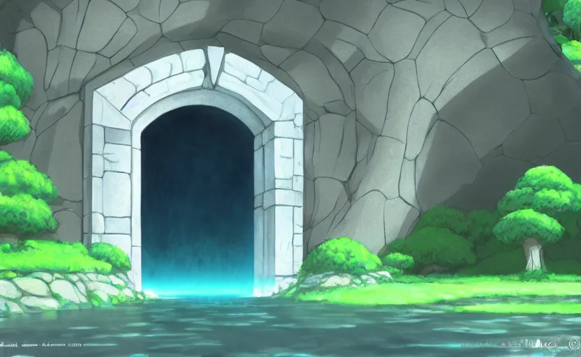 Prompt: a cell - shaded studio ghibli concept art study of a square dimensional portal doorway. water is flowing out of the portal. very dull colors, hd, 4 k, hq