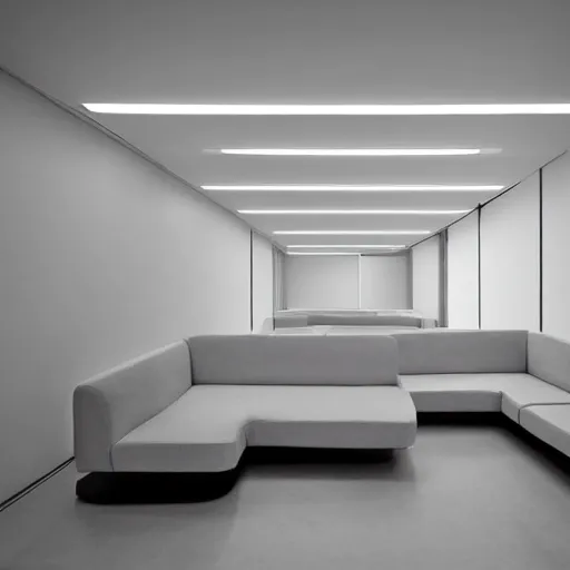 Prompt: upholstered sofas fluorescent ceiling lighting in a large minimalistic concrete room with rectangular water feature in the center, a tilt shift photo by leandro erlich, featured on cg society, kitsch movement, hall of mirrors, high dynamic range, studio portrait