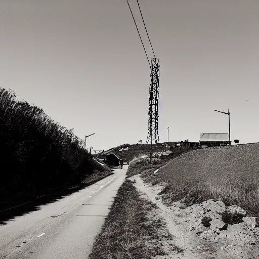 Prompt: a road next to warehouses, and a hill behind it with a radio tower on top, disposable camera filter, red tint