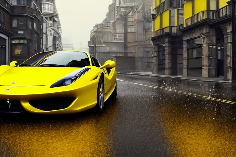 Image similar to a yellow ferrari, dynamic, on a wet london street, raining, clouwdy atmosphere, wide shot, photorealism, some reflexions, canon 5 d, studio ghibli, pixar and disney animation, sharp, very detailed, high resolution, rendered in unreal engine 5, anime key art by greg rutkowski, overcast lighting, dark