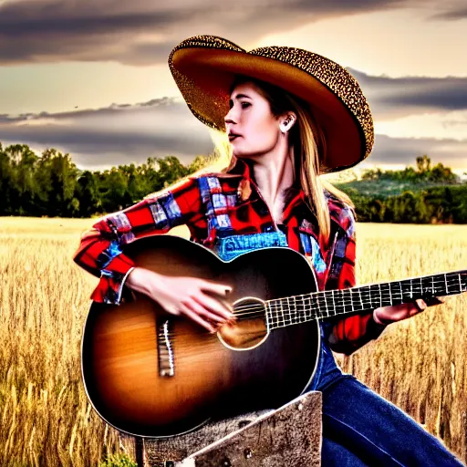 Prompt: a female fox animal, wearing cowboy hat, wearing plaid shirt, playing guitar, in a field, barn in background, album cover style