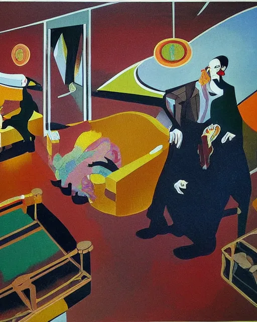 Image similar to old dead couple sitting on a couch, a flesh person inside a large black aquarium with clouds at red and yellow art deco interior room in the style of Francis Bacon and Syd Mead, open ceiling, highly detailed, painted by Francis Bacon and Frank Lloyd Wright, painted by James Gilleard, surrealism, airbrush, very coherent, triadic color scheme, art by Takato Yamamoto and James Jean