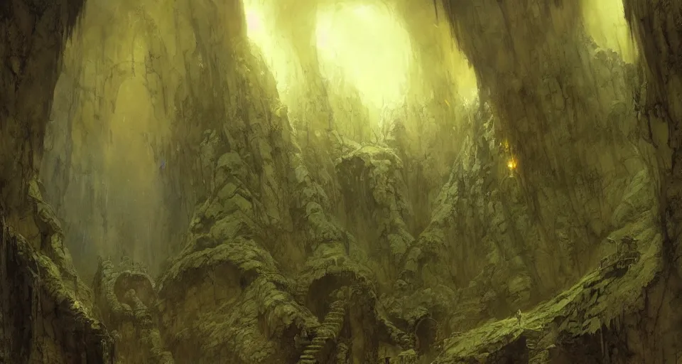 Image similar to looking up an ancient subterranean complex in middle - earth, comprising a vast labyrinthine network of tunnels, chambers, mines and halls under the misty mountain, intricate, vivid colors, elegant, highly detailed, john park, frazetta, john howe, ruan jia, jeffrey catherine jones