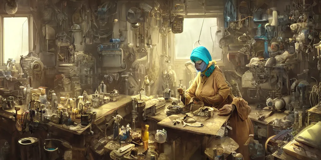 Prompt: an environmental concept art of an elderly russian woman cyberneticist in a cluttered workshop, surgical implements, surgery table, highly detailed, cinematic, dramatic, cyberpunk, dieselpunk, scifi space station, horror