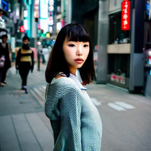 Prompt: beautiful asian female model on streets of tokyo, fashion pose, street photography, leica 5 0 mm f 2 summicron lens