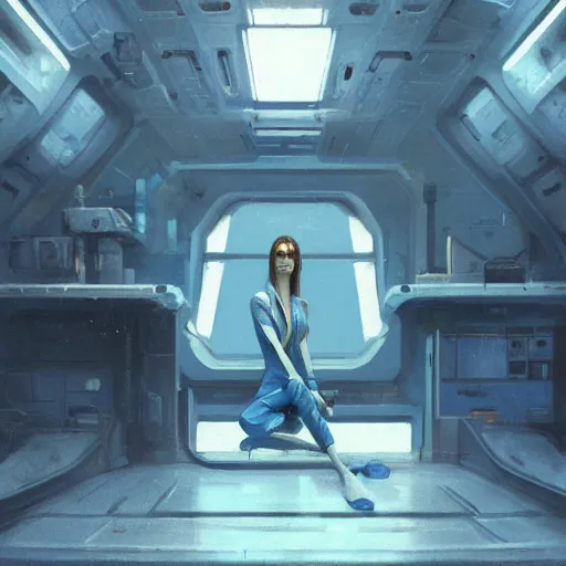 Image similar to concept art by greg rutkowski, a very tall, and slender blonde woman, wearing blue utilitarian jumpsuit, sitting in the spaceship command bridge, brutalist futuristic interior, dark lighting atmosphere, detailed portraits, nostalgic atmosphere, scifi, digital painting, artstation, concept art, smooth, sharp foccus ilustration, artstation hq