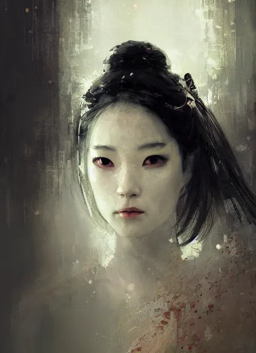 Image similar to female geisha girl, beautiful face, rule of thirds, intricate outfit, spotlight, by greg rutkowski, by jeremy mann, digital painting