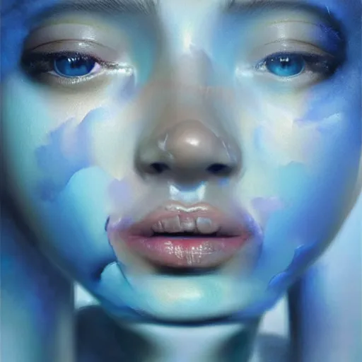 Prompt: 3 d, sci - fi, close - up, morning, smiling fashion model face pigment condition vitiligo, cinematic, clouds, steam, vogue cover style, poster art, blue mood, realistic painting, intricate oil painting, high detail illustration, figurative art, multiple exposure, poster art, by tooth wu and wlop and beeple and greg rutkowski