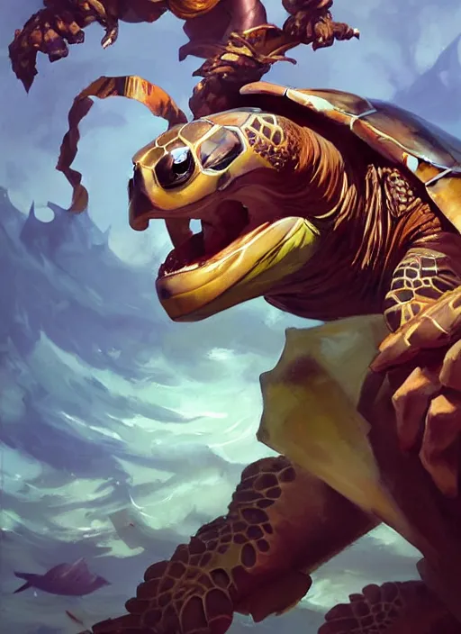 Image similar to Greg Manchess portrait painting of an anthropomorphic monster sea turtle character from league of legends, full shot, asymmetrical, splashscreen, Organic Painting, sunny day, Matte Painting, bold shapes, hard edges, cybernetic, street art, trending on artstation, by Huang Guangjian and Gil Elvgren and Sachin Teng