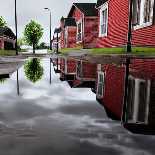 Image similar to still photo of rain puddles and reflections in an american village street, cloudy weather, highly detailed, photorealistic shot, bright studio setting, studio lighting, crisp quality and light reflections, unreal engine 5 quality render