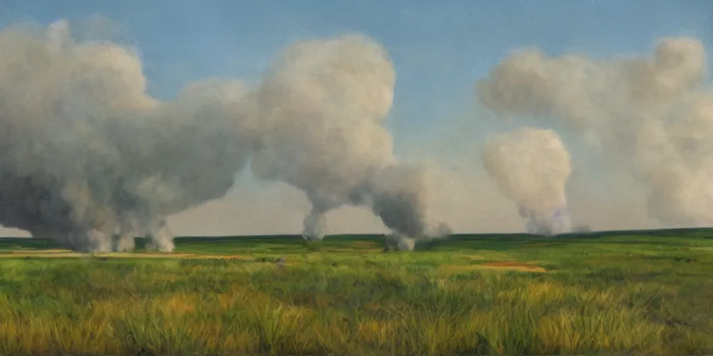 Image similar to an eastern front battlefield landscape, summertime, shell craters, distant smoke column on the horizon, oil painting in the style of peredvizhniki